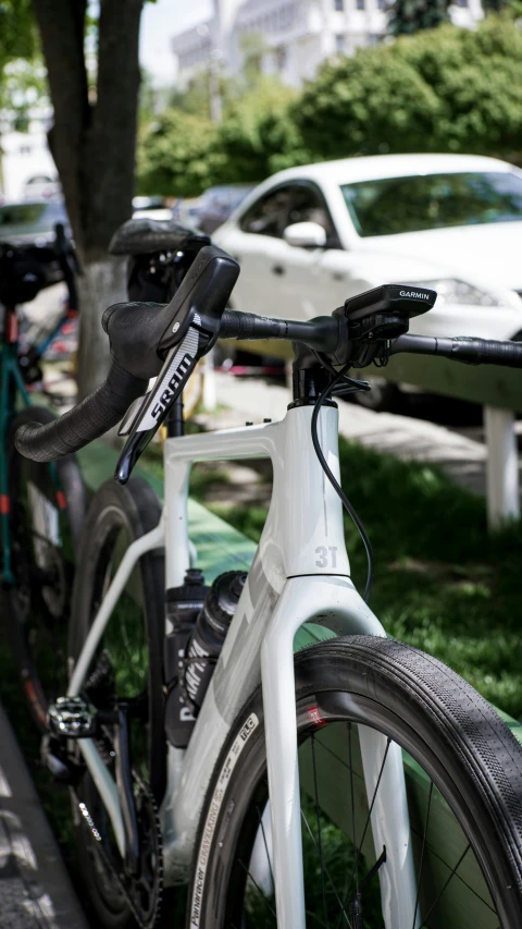 this is a closeup of a bicycle parked along a curb