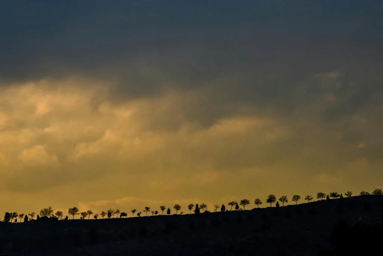 a plane is flying over a hill near trees