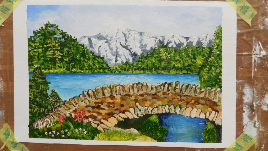 painting of stone bridge in front of trees