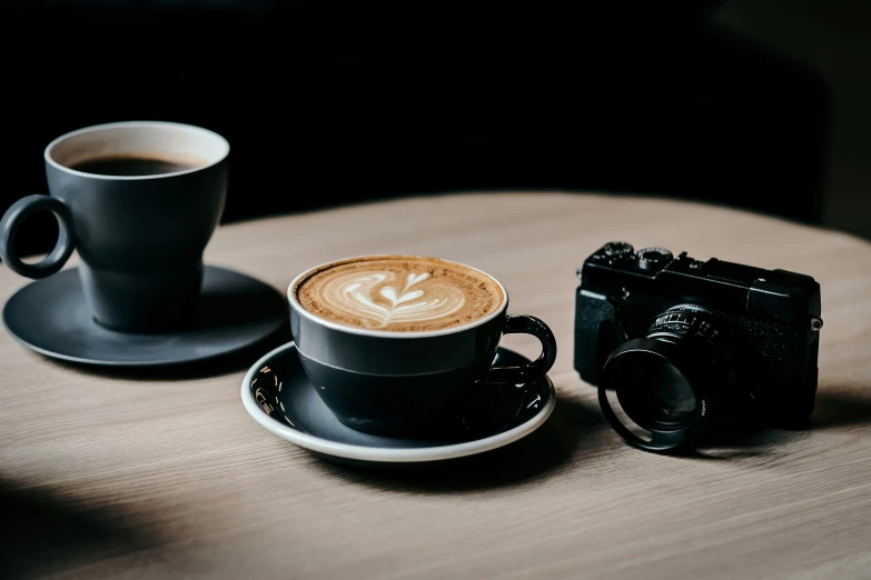 the camera is beside the coffee on the table