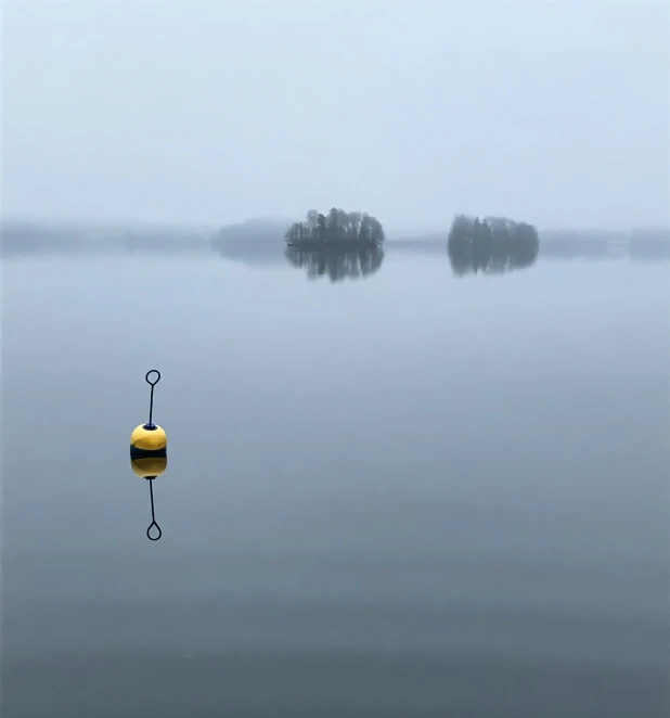 a foggy day with an old buoy in the water