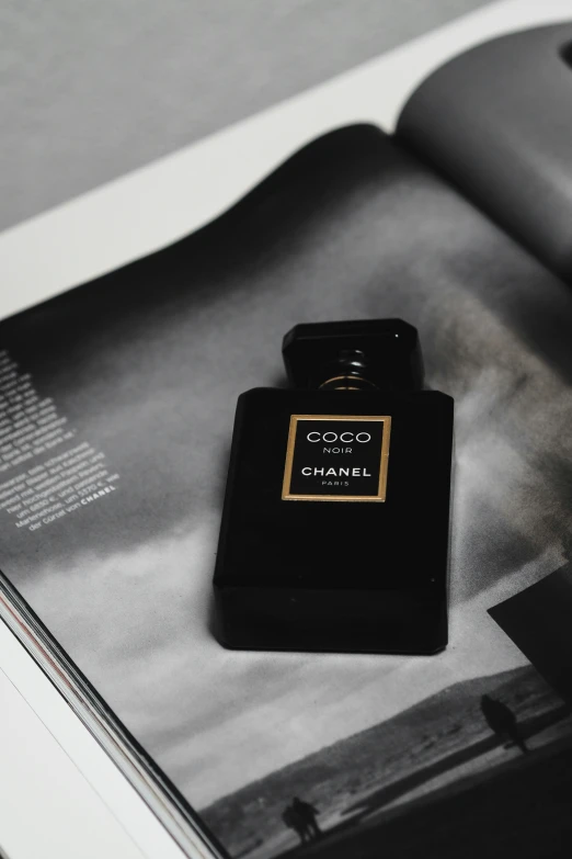 there is an open book with chanel perfumes on it