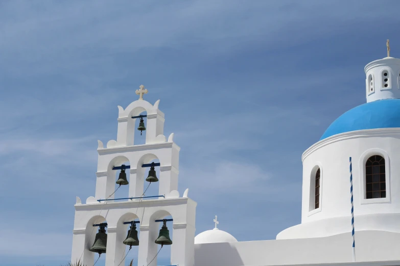 two bell towers with bells in front of them