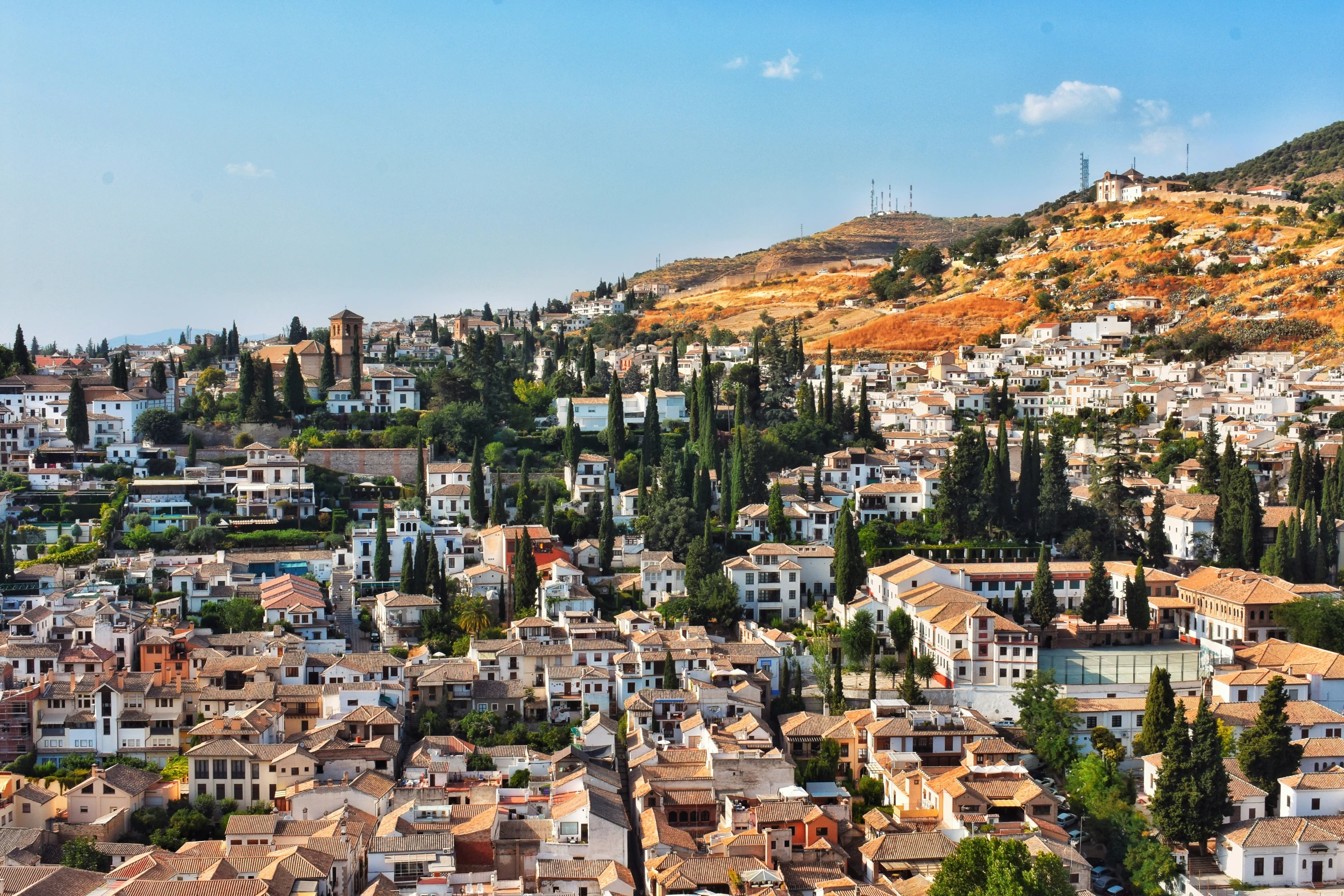 a city is sitting on the hill with lots of trees in front