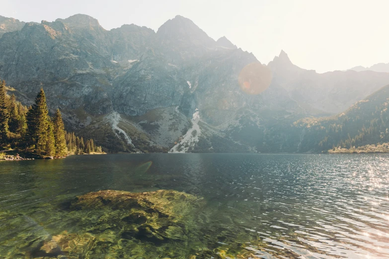 water in the middle of mountains with trees surrounding it