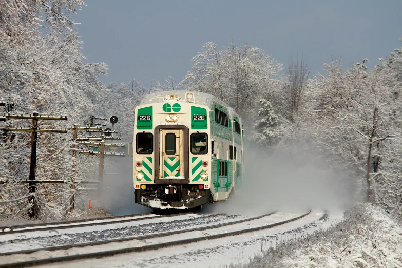 a train rolling along a track in the winter snow