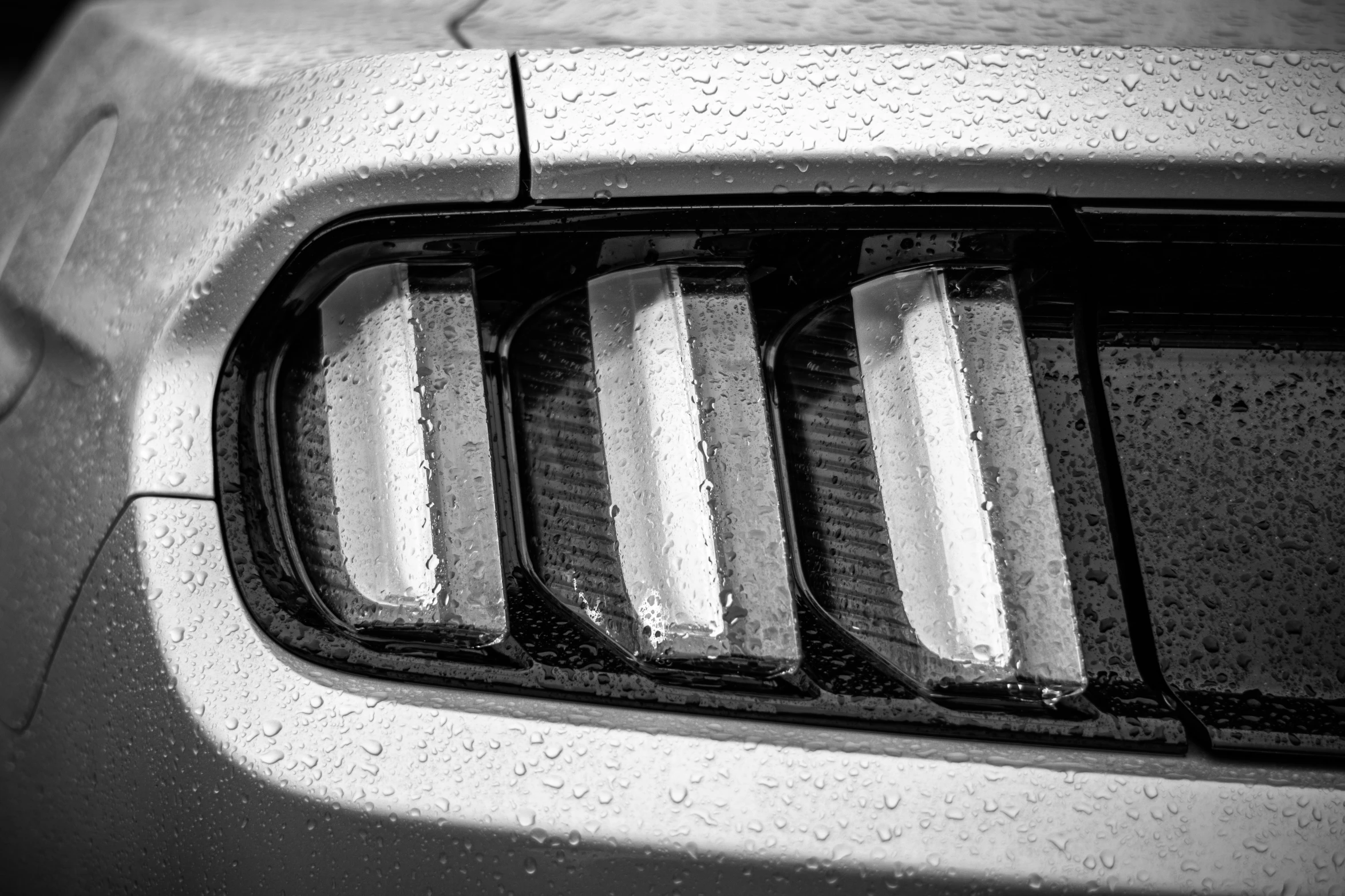 the front grille and tail light of a car with rain droplets on it