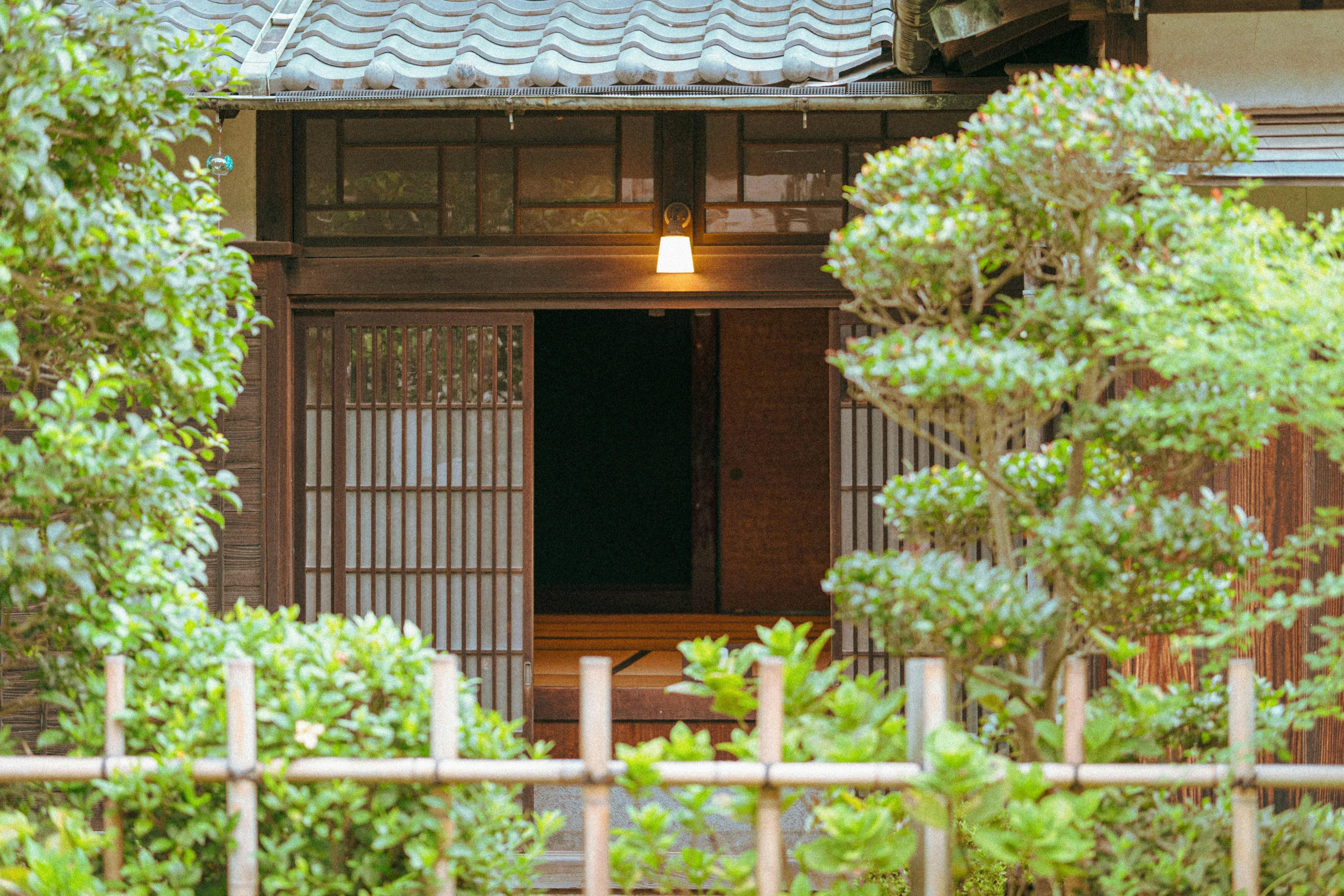 an oriental style building with trees surrounding it