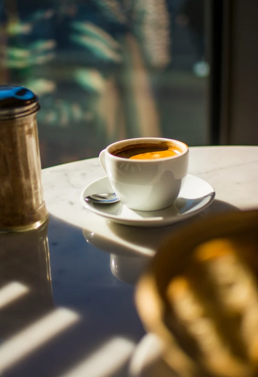 a cup of coffee sits on a table