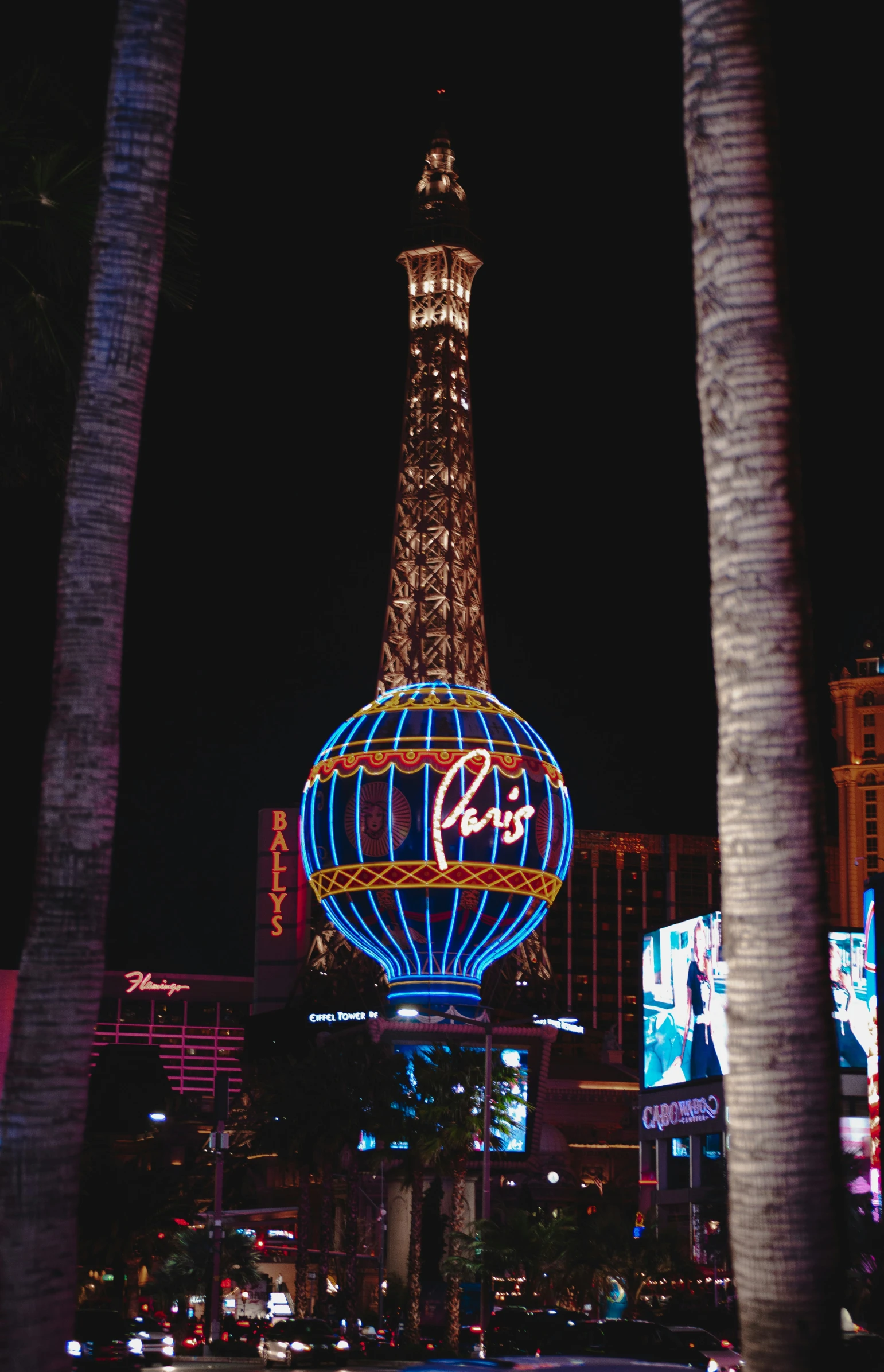 a nighttime view of a lit tower behind some trees