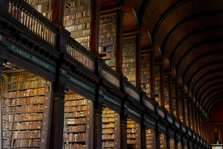 a dimly lit bookshelf full of books and illuminated by lights