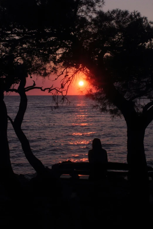 a woman is sitting by the water watching the sunset