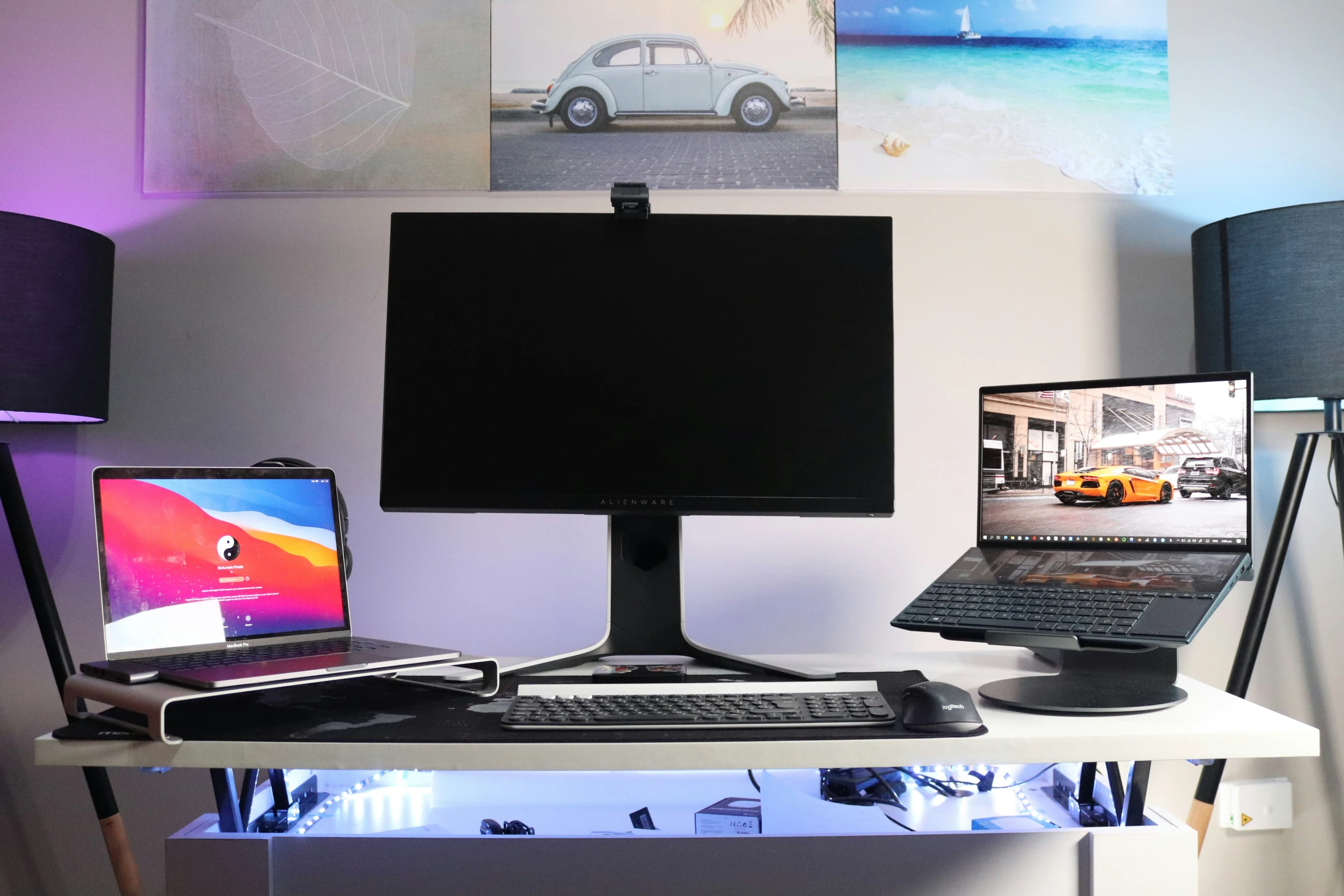 there is an empty desk with some computers on it