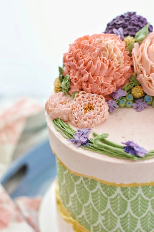 the top of a colorful flower covered cake