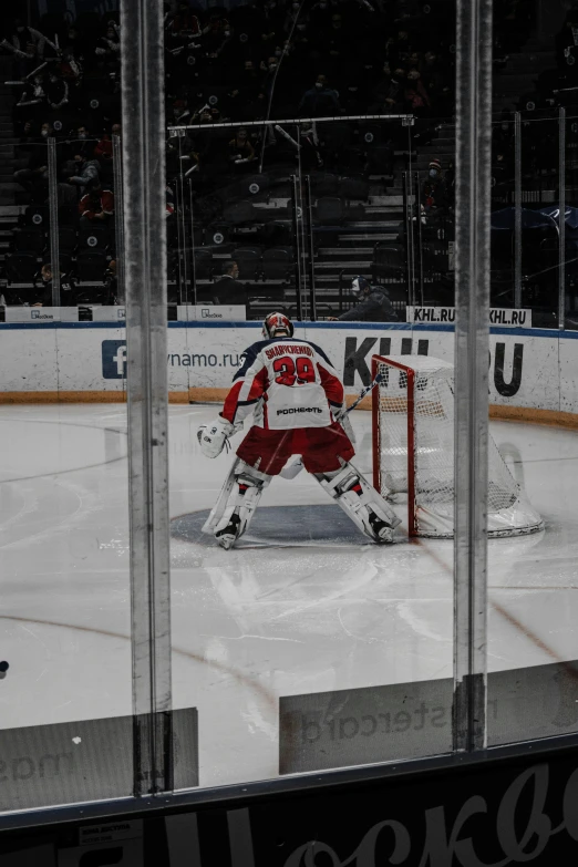 hockey goalie in motion looking through a window