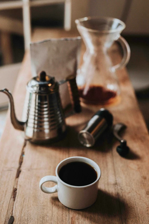 there is a cup of coffee and some cups on the table