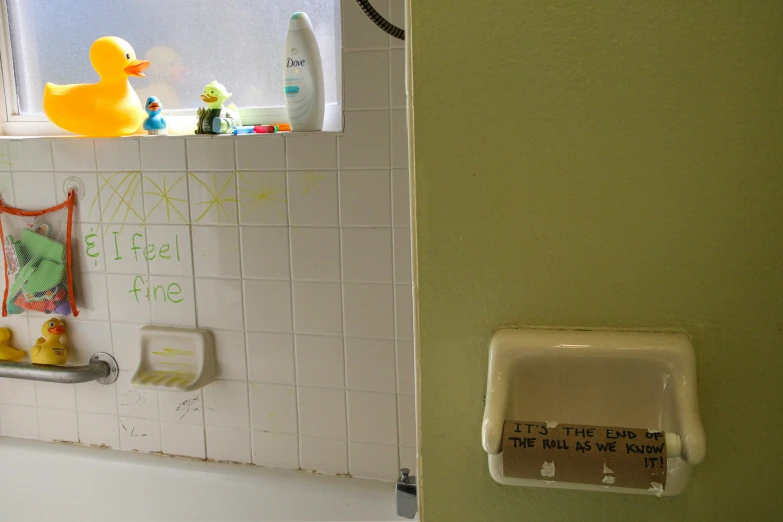 a picture of someone's bathroom with its children's signs on the wall