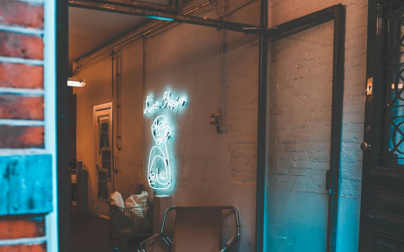 the neon signage shows people's past on the building