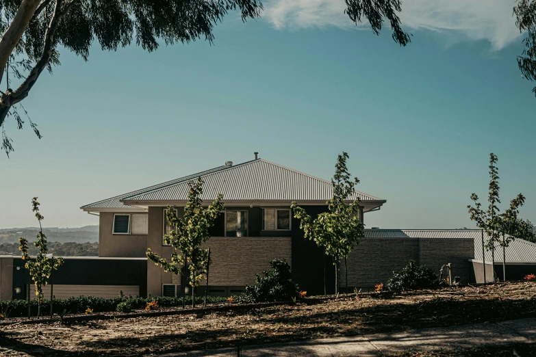 a house and yard with trees in the foreground