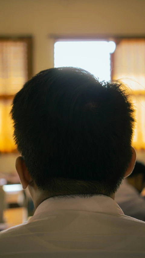 a man with the back to the camera sitting in an office