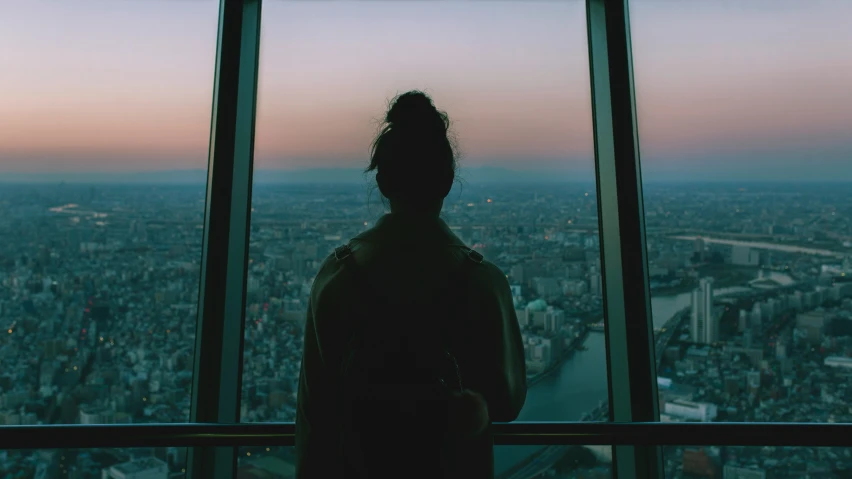 a woman standing in front of a tall window overlooking a large city