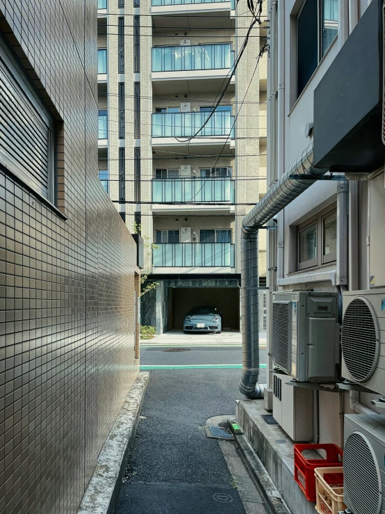 a car is parked inside the building behind it