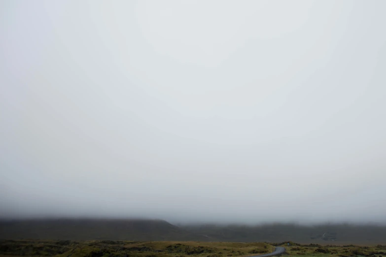 a lonely road going through the foggy field