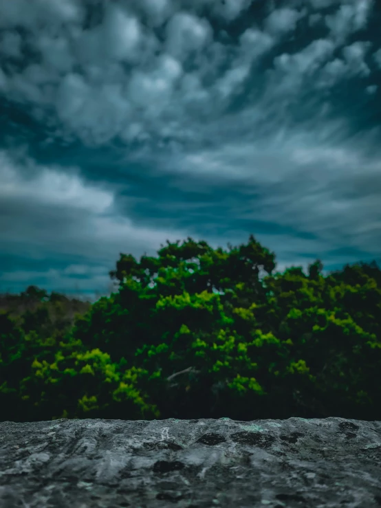 a sky filled with clouds and dark green trees