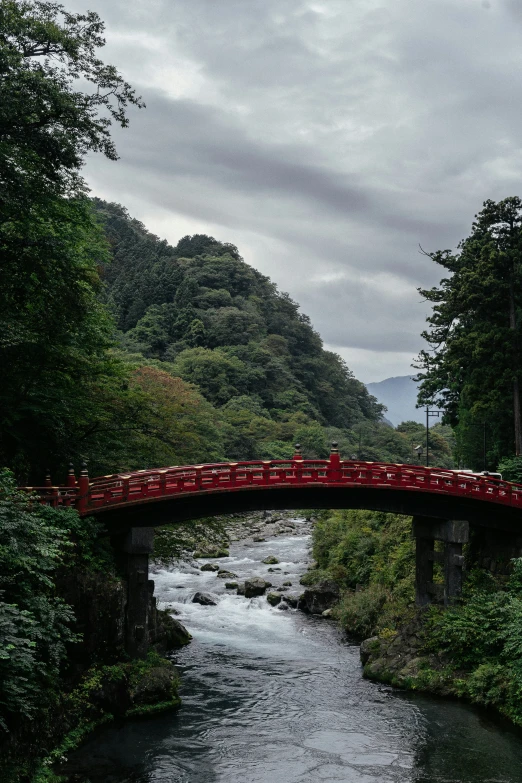 a red bridge over water leading to green trees