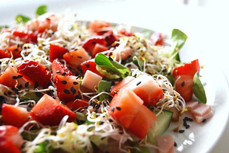 an arrangement of food on a plate is ready to be eaten