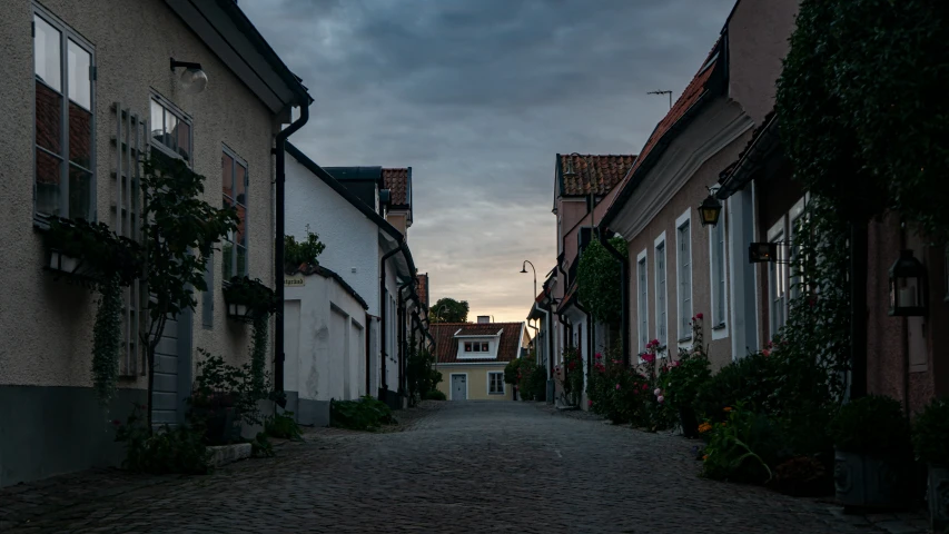 an old cobbled street with some buildings on both sides