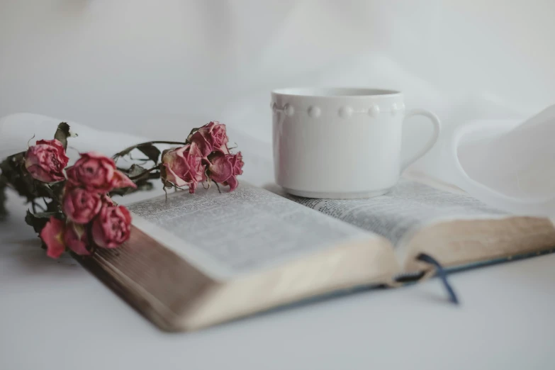 an open book and some pink roses and a white cup