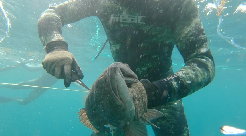 a man holding a fish in a body of water