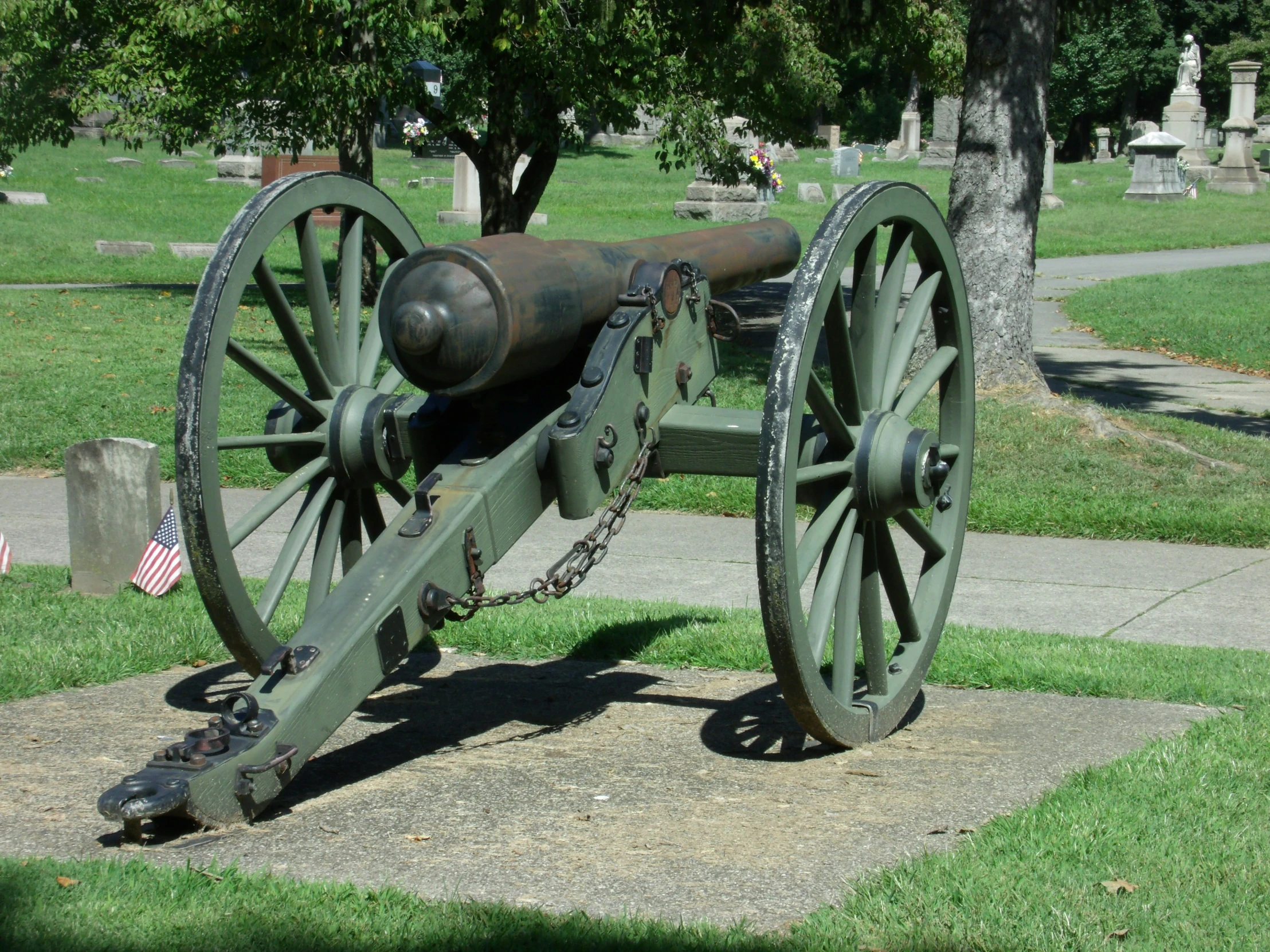 a close up of a cannon on grass near a tree