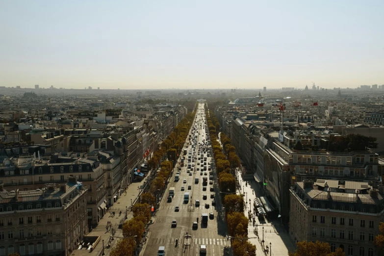 a view looking down at an empty city street