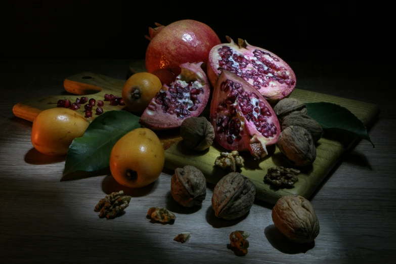 the table is full of fruits and nuts