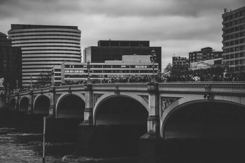 a black and white po of some buildings that are in the distance