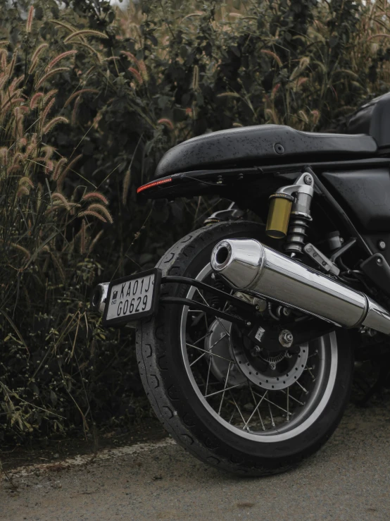 a motorcycle parked next to tall grass with a tire