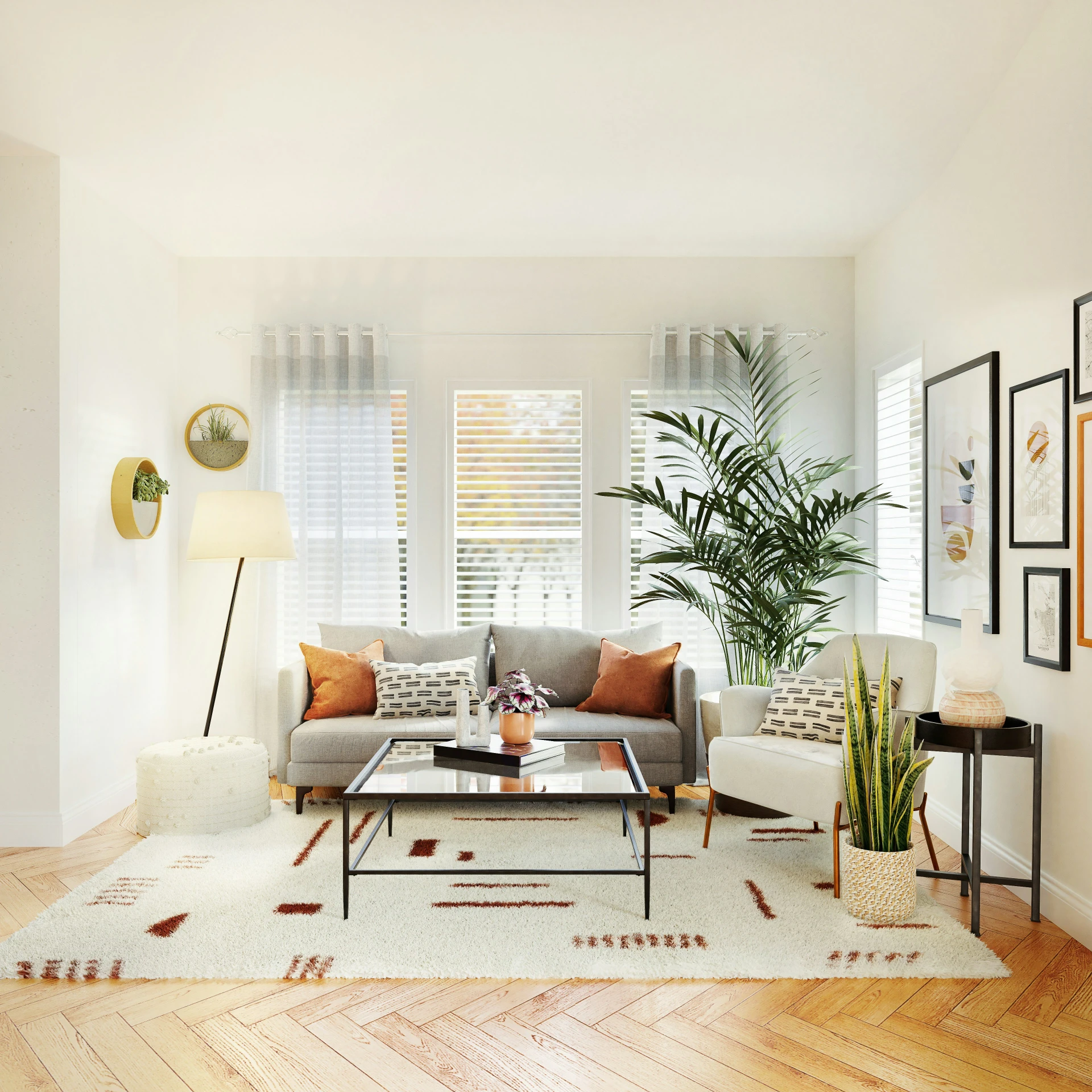 a living room area with a rug, couch and coffee table