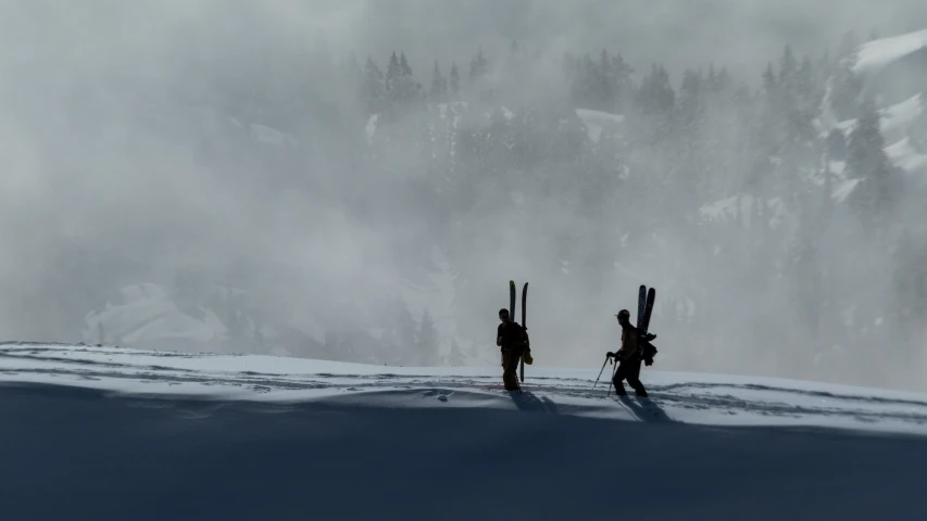 two people hiking down a snowy mountain with skis on their back