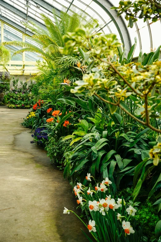 an outside view of a building with flower gardens in it