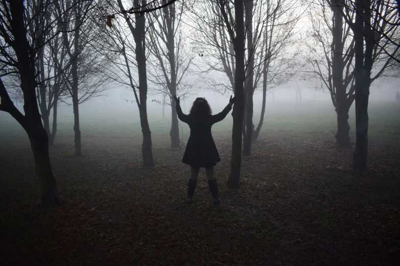 a woman stands in a forest, with her arms outstretched