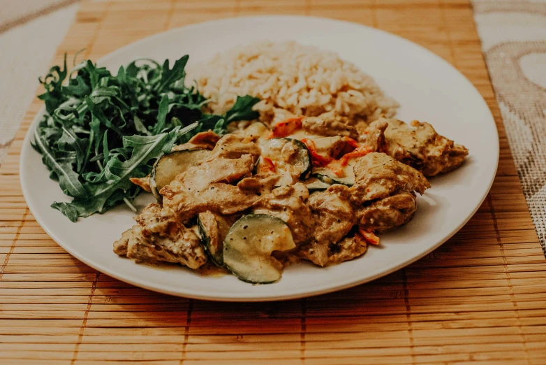 chicken and rice with greens on a white plate