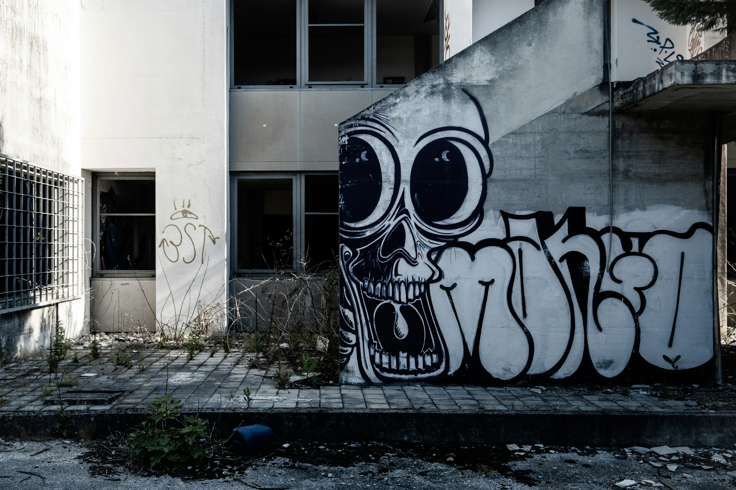 graffiti on a building with a door and two windows