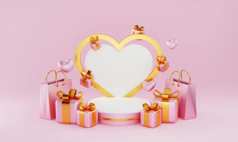 pink presents are placed next to a big heart