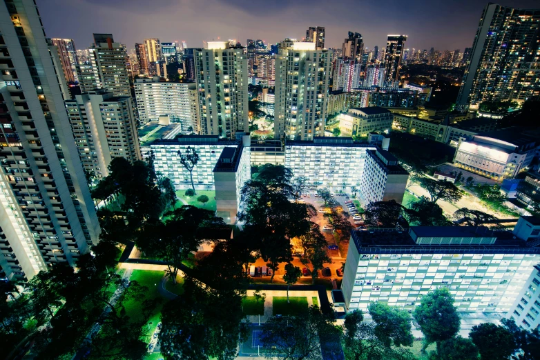 an aerial view of the city skyline at night