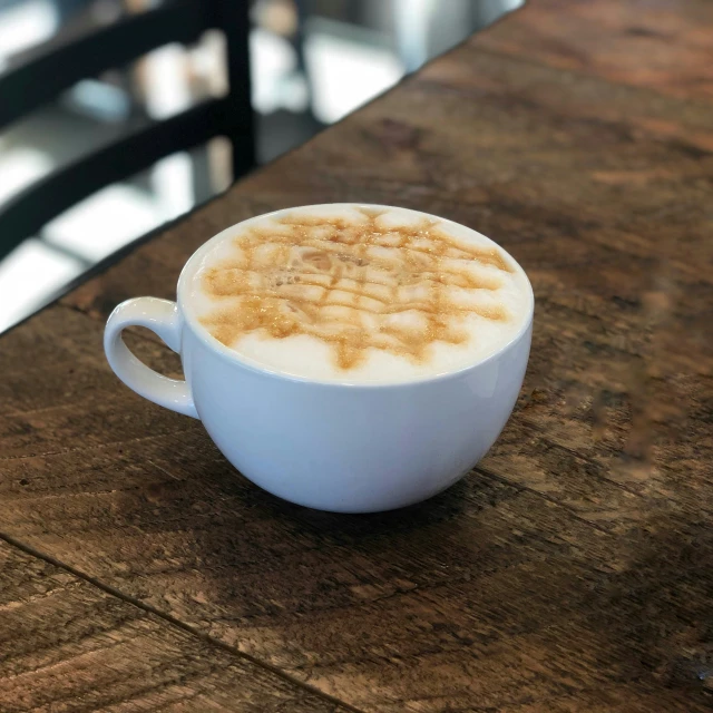 a cappuccino sits on a brown wood table