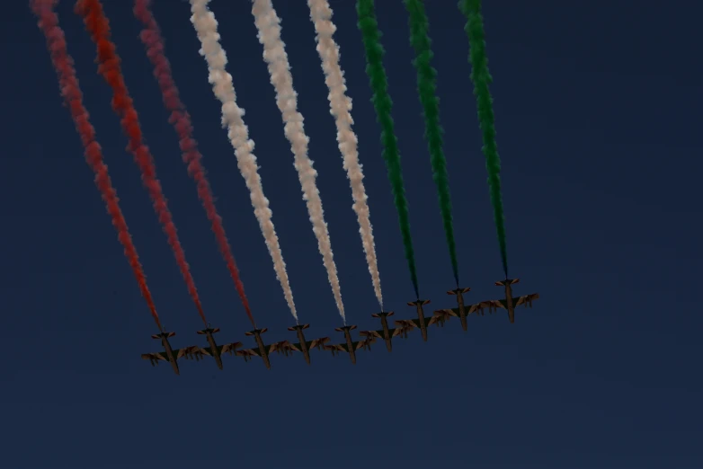 nine planes performing an aerial stunt in the air