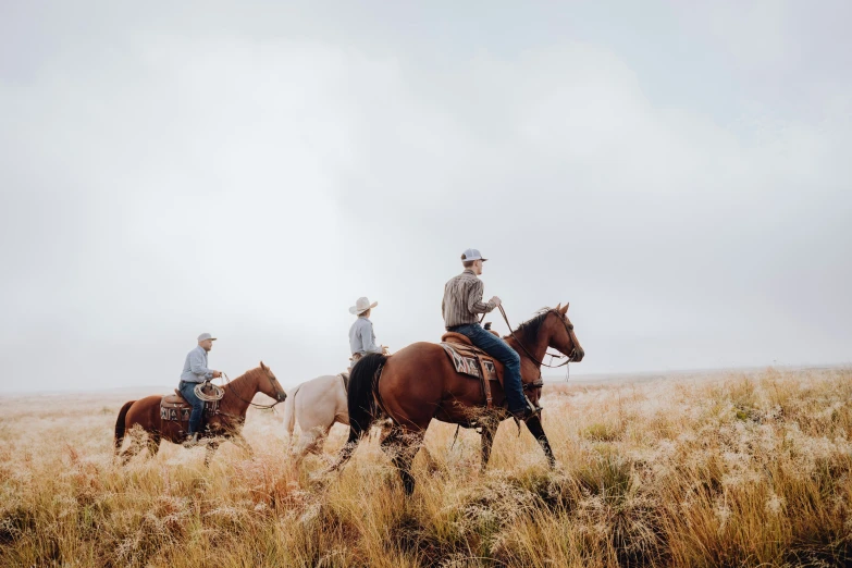 two men ride horses through the tall grass