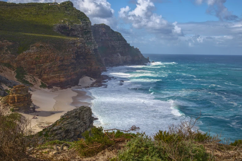 a bird is sitting on top of a cliff near the ocean